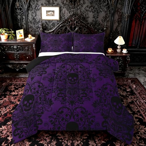 Feelyou Adults Gothic Skull Bedding Set Queen Size Kids Damask Print Comforter Cover Goth Bohemian Duvet Cover Breathable Soft Lightweight Microfiber Black Purple Room Decor with 2 Pillowcases