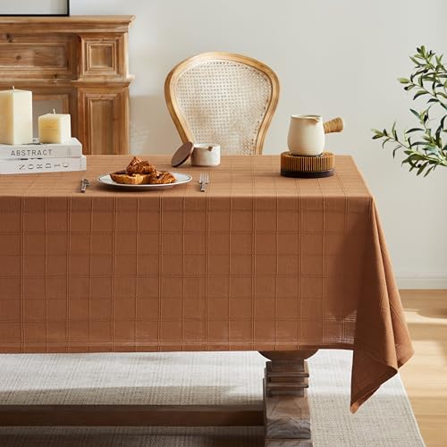 ZeeMart Linen Checked Rectangle Table Cloth 60x120 Inch Caramel - 3D Woven Grid Jacquard, Soft Natural Draping, Wrinkle???Resistant, Fray???Proof Hem, Multi???Occasion Decor Farmhouse Tablecloth