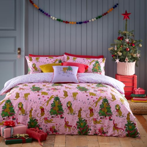 furn. Purrfect Christmas Duvet Cover Set (Pink/Lilac - Single) - Reversible Festive Leopard Cats Easycare Polycotton Bedding