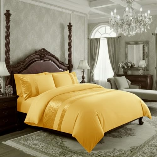 Casabella Luxury Crushed Velvet Panel Band Duvet Cover Sets with Pillow Case Bedding Set – Ochre Crush Velvet King Duvet Set