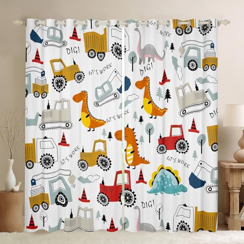 Construction Curtains for Bedroom Kids Cartoon Dinosaur Blackout Curtains Equipment Trucks Darkening Dreapes Construction Vehicles Kawaii Jungle Dino Window Treatments (2 Panels, 42 x 84 Inch)