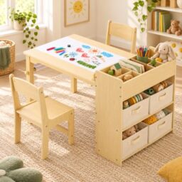 Clevich Kids Table and Chairs, 2 in 1 Children Table and Chair Set, Wooden Kids Craft Table Chairs Set, Children Art Desk with Paper Rolls and 4 Storage Boxes for Drawing, Learning