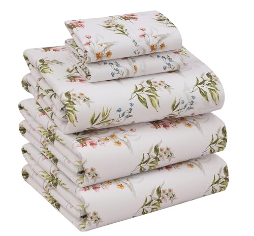 "Ruvanti 100% Cotton Split King Sheets Sets for Adjustable Bed, 5 PCs, Soft & Breathable Percale Weave Bedding, Deep Pocket 16"", Hotel Standard, Crisp Cool Feel & Durable, Floral Sheet, Floral Bliss"