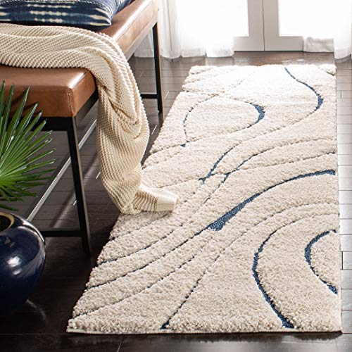 Safavieh Shag Rug for Living Room, Dining Room, Bedroom - Florida Shag Collection, High Pile, in Cream and Blue, 68 x 152 cm