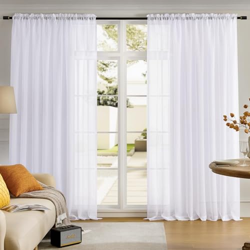 MYSTIC-HOME Sheer Curtains White 95 Inches Long, Window Treatments Rod Pocket Drapes for Living Room, Bedroom, Semi Crinkle Extra Wide Curtains for Yard, Patio, Villa, Parlor, 108 x 95 Inches, 1 Panel