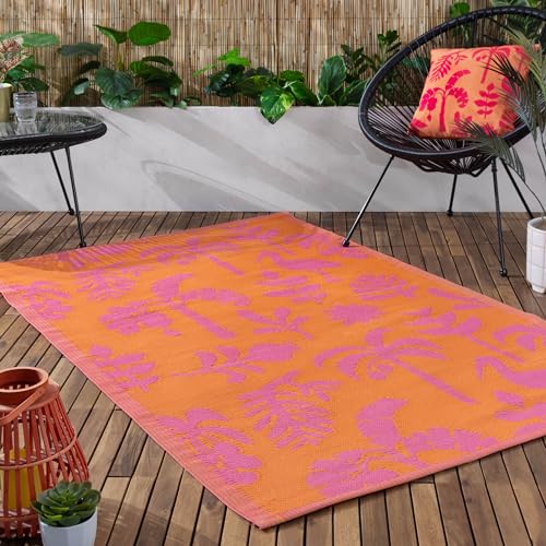 furn. Marula Rug – Indoor/Outdoor Woven Botanical Tropical Birds Weather Resistant Easy Clean Lightweight Rug (Orange/Pink - 120x180cm)