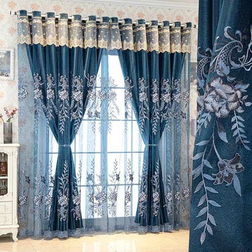 Amidoudou 1 Pair European Double Layer Curtains for Living Room Bedroom Luxury Peacock Flower Embroidered Curtains with Valance (Blue,51x84 Inch)