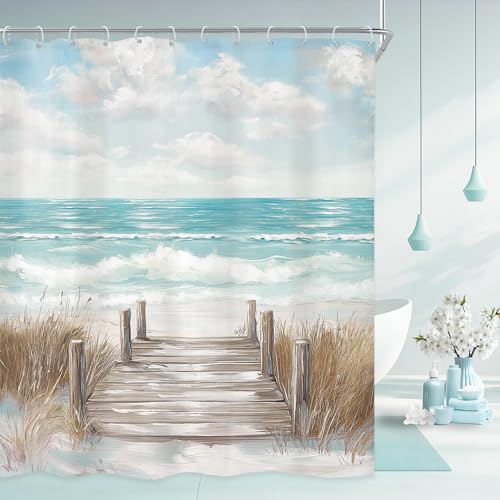 "Beach Teal Hawaiian Ocean Oil Painting Bathroom Shower Curtain Set - 60""W x 72""L shower curtain??? Sky Summer: HD waterproof print, quick-dry cloth, free hooks for easy installation."