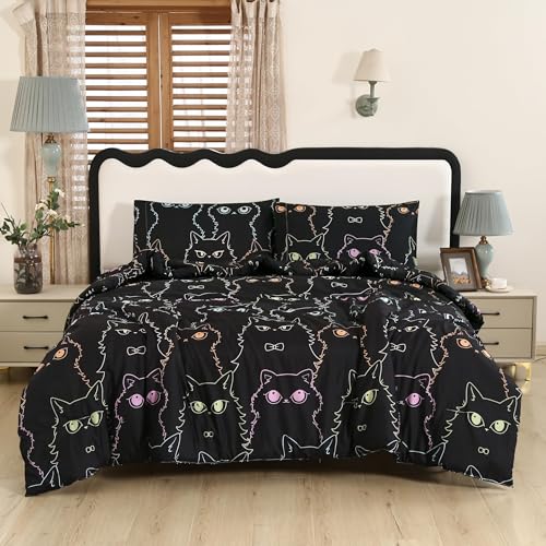 SDIII 3PCS Black Cat Comforter Set Twin, Soft Microfiber Lightweight Cat Comforter Twin with Pillowcases, Kitty Bedding Set for Girls Boys Kids Teens