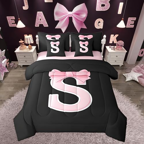 jejeloiu Kawaii Pink Bow Full Comforter Set with Sheets,Gifts for Women Teen Girl,Monogrammed 7 Piece Bedding Set,Soft Personalized Initial Letter S Bed in a Bag with Comforter,Sheets,Pillowcases