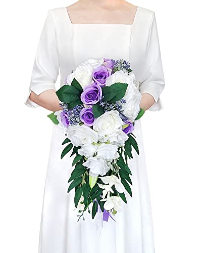Ciandid Cascading Bridal Bouquet, White & Purple Roses with Ribbons Artificial Wedding Bouquet for Bride Waterfall Flowers for Wedding Ceremony Anniversary Bunch Decorations
