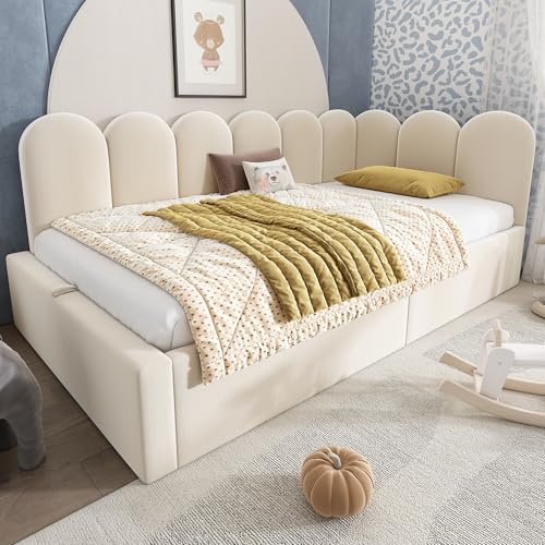 Ball & Cast Daybed Upholstered Bed with Storage, 3FT Single Sofa Bed 90 x 190 cm, Ottoman Bed with Hydraulic Storage, Metal Slatted Bed Frame, Velvet, Beige (No Mattress)