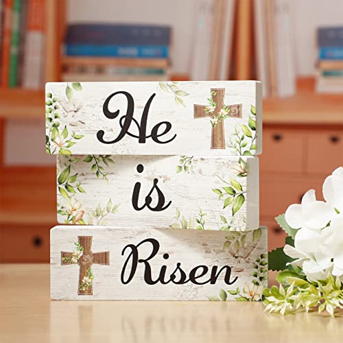 Set of 3 He Is Risen Wooden Table Sign Tiered Tray Decor Easter Wood Table Centerpiece Religious Easter Trays Signs for Home Wall Farmhouse Indoor Outdoor Spring Decorations Table Decor