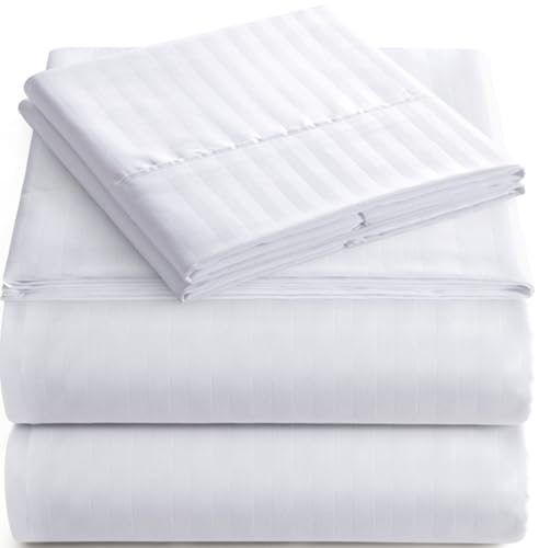 Home Couture ITALIAN 1500 Thread Count 100% Egyptian 4PC STRIPED QUEEN Sheet Set, SNOW WHITE
