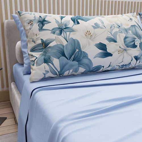 PETTI Artigiani Italiani - Cotton Sheets with Pillowcases in Digital Print, Single Sheet, 30 Light Blue Floral Pattern Bedding Set, 100% Made in Italy