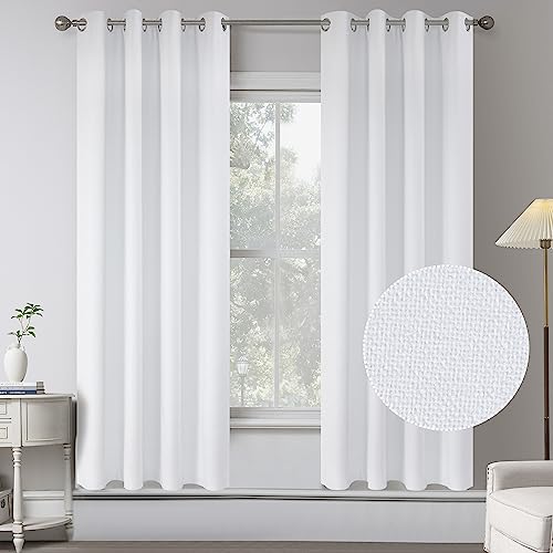 Pure White 100% Blackout Textured Linen Curtain Draperies for Bedroom - Summer Energy Saving Thermal Insulated Anti-Rust Grommet Top Window Curtains for Living Room(2 Panels,W 52 x L 63 Inch Length)