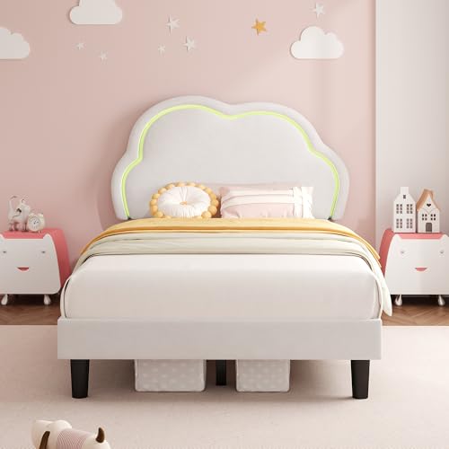 Ball & Cast 3ft Single Upholstered Bed with LED Adjustable Cute Cloud Headboard, Soft Velvet Bed Frame with Solid Wood Slat, No Box Spring Needed, Easy Assembly,Cream White (No Mattress)