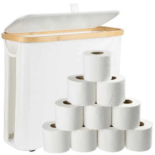 Cozary Toilet Paper Storage Basket with Lid - 25L Bathroom Organiser, Foldable Toilet Roll Storage, Space Saving Storage Box for Bathroom, Waterproof, 43 x 35 x 17 cm