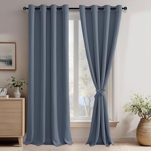 JIUZHEN Dusty Blue Blackout Curtains with Tiebacks-Thermal Insulated, Light Blocking and Noise Reducing Grommet Curtains for Bedroom and Living Room, Set of 2 Window Curtain Panel, 52 x 96 Inch Length