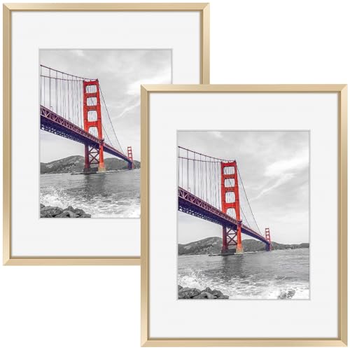 Frametory, 11x14 Metal Picture Frame with Mat for 8x10 Picture & Real Glass, Aluminum Photo Frame Collection (Gold, 2 Pack)
