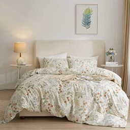LifeTB Garden Style Floral Duvet Cover Twin Chic Floral Leaves Bedding Sets Cotton Flower Branch Comforter Cover Aesthetic White Floral Bedding Duvet Cover 1 Flower Duvet Cover 2 Pillowcases