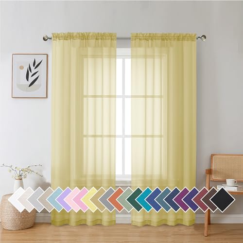 Aiyufeng Yellow Sheer Curtains 72 Inches Long 2 Panels Set, Semi Transparent Voile Rod Pocket Sheer Window Drapes for Bedroom Bed Canopy Living Room Dining Wedding Party Backdrop, 42W x 72L inch