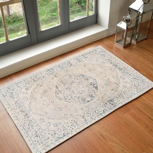 Livabliss Titaf Machine Washable Runner 66x115 cm – Vintage Boho Pattern, Traditional Design, Easy-Care Washable, Ideal for Living Room, Kitchen, Hallway, Outdoor – Dark Beige, Grey, Blue, Brown