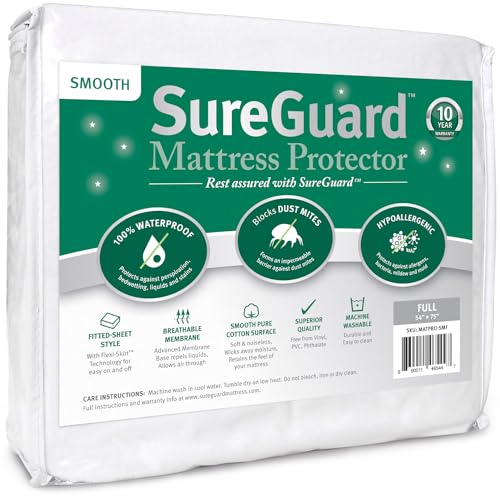 SureGuard Full Size Mattress Protector 100% Waterproof Hypoallergenic Premium Cotton Cover Smooth