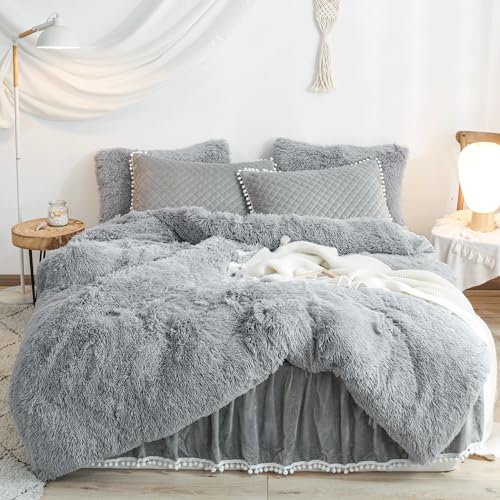 HAIHUA Gray Faux Fur Comforter Cover Twin Size???Fluffy Plush Shaggy Duvet Cover Set (1 Faux Fur Duvet Cover + 1 Pillow Cases) Velvet Bedding 2 Pieces Sets, Zipper Closure (Gray, Twin)