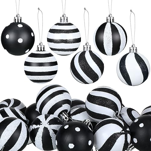 Riceshoot 24 Pcs Black and White Ball 2.36 Inch Stripe Dot Hanging Christmas Ornaments - Plastic Xmas Decorations for Home, Holiday Party, Trees Accessories