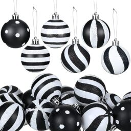 Riceshoot 24 Pcs Black and White Ball 2.36 Inch Stripe Dot Hanging Christmas Ornaments - Plastic Xmas Decorations for Home, Holiday Party, Trees Accessories