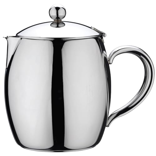 Caf?? Stal Bellux Thermal Wall Tea Pot 5 Cups/1 litre/32oz - Insulated 18/10 Stainless Steel Mirror Polished Finish Loose Leaf Tea Pot - Removable Strainer, Cool Touch Handles, Drip-Free Spout