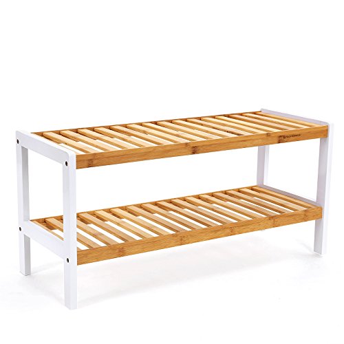 SONGMICS Natural Bamboo 2-Tier Shoe Rack, Shelf for Shoes Plants Books, for Living Room Hallway Bedroom Bathroom, 70 x 26 x 33 cm, White and Natural LBS02H