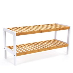 SONGMICS Natural Bamboo 2-Tier Shoe Rack, Shelf for Shoes Plants Books, for Living Room Hallway Bedroom Bathroom, 70 x 26 x 33 cm, White and Natural LBS02H