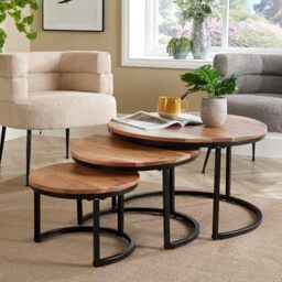 Home Source Acacia Wood Nest 3 Round Tables, Black Metal Frame