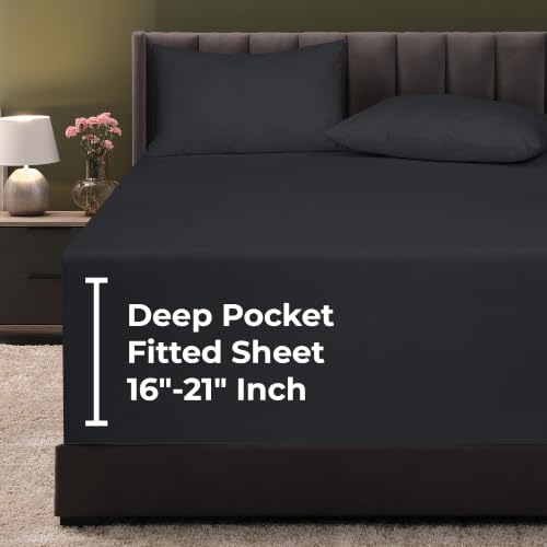 "Royale Linens Double Fitted Sheet, Extra Deep Fitted Sheet Fits 18"" to 24"" Thick Mattresses, Soft and Breathable, Elastic Flat Sheet (39"" x 75"", Black)"