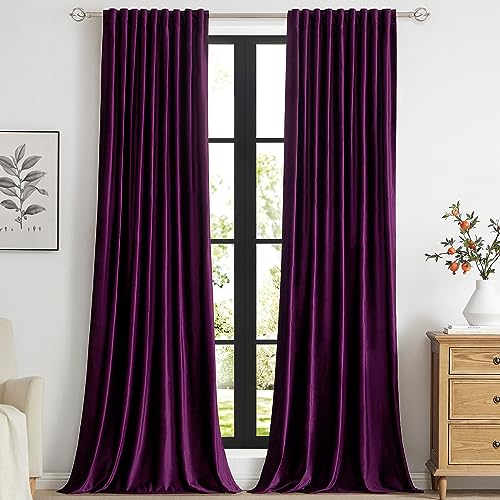 PRIMROSE Purple Velvet Curtains 108 inch Long for Living Room,Set of 2 Panels Blackout Rod Pocket Back Tab Window Treatment Room Darkening Heavy Decorative Curtains Drapes for Bedroom