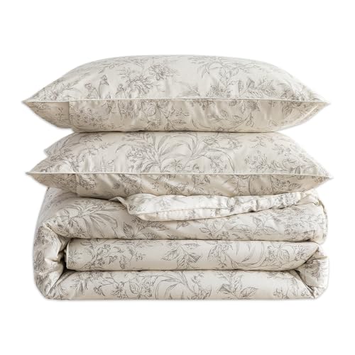 Puralens Beige Floral Duvet Cover Queen 100% Cotton, Vintage Patterned Soft Crisp Percale Toile Comforter Cover Set, Shabby Flower Chic Cute Bed Cover Set, Luxury Farmhouse Zipper Bedding, 3Pcs
