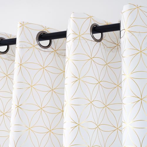 "Taisier Home Gold Linen Grommet Window Curtain Panels Metallic Geo Moroccan Tile Foil Print White Semi Sheer Draperies for Bedroom Living Room,Light Filtering Window Treatments,52"" Wx63 L,2 Panels"