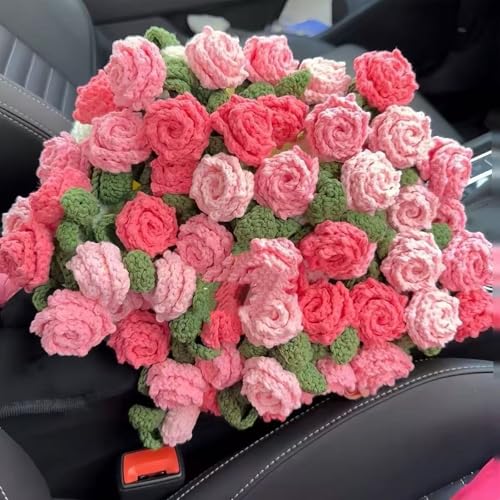 Gonoce Crochet Flower Bouquet Throw Blanket, 43'' Handmade Knitted Blanket with Sunflower, Cute Romantic Gift for Her Girlfriend Mom Mother???s Day Valentine Wedding Anniversary Birthday, Pink