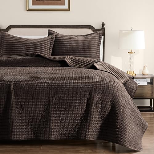 WDCOZY Velvet Queen Size Quilt Set - Chocolate Striped Soft Lightweight Bedspread, Dark Brown Neutral Ribbed Farmhouse Country Rustic Coverlet, Coffee Modern Bedding Warm Thin Comforter, 3 Pieces