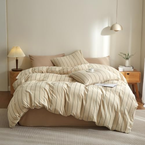 LifeTB Boho Striped Duvet Cover Sets King Beige Cream Duvet Cover with Grey Stripes Pattern Comforter Cover Breathable Farmhouse Bedding 100% Washed Cotton Striped Bedding Comforter Cover King Size