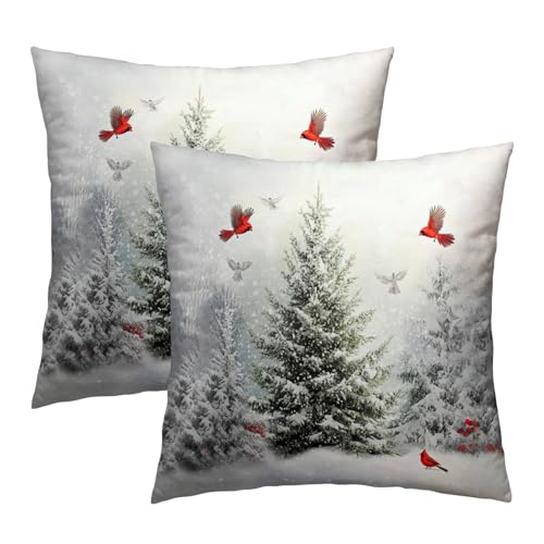 Winter Snowy Pine Tree Throw Pillow Covers 16x16 inch Set of 2 Xmas Red Cardinals Cotton Pillowcase Christma Snow Scene Flying Birds Cushion Cases for Home Sofa