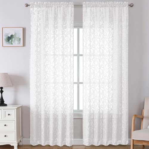 "Lecloud Leia White Sheer Curtains 108 Inches Long 2 Panels, Airy Jacquard Leaf Textured Voile Curtains, Gauzy Aesthetic Drapes with Dual Rod Pockets for Living Room Bedroom, Each 52"" W x 108"" L"