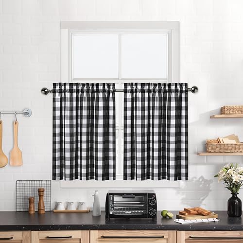 "Bapawfish Black White Kitchen Cafe Curtains 45 Inches Length - Buffalo Check Pattern Short Bathroom Window Curtain,Plaid Gingham Design Half Window Tier Curtains,28""x45""x2,Black/White"