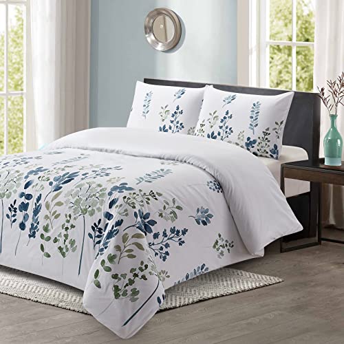 Style Quarters Duvet Cover 100% Polyester Floral Blue 3 Pieces White Duvet Cover with 1 Duvet Cover and 2 Pillow Shams(Queen)