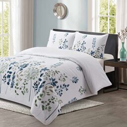 Style Quarters Duvet Cover 100% Polyester Floral Blue 3 Pieces White Duvet Cover with 1 Duvet Cover and 2 Pillow Shams(Queen)