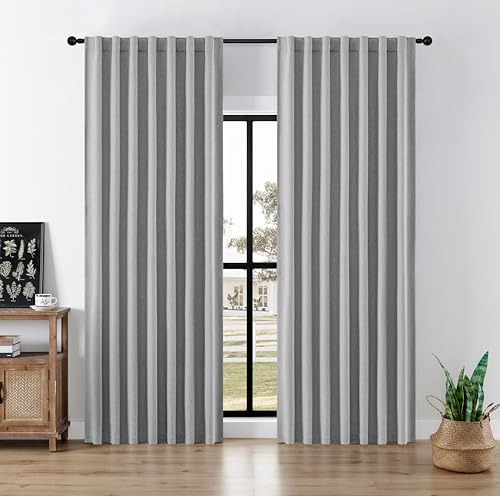 Joydeco Black Out Faux Linen Blackout Curtains for Bedroom, Light Grey 100% Blackout Curtains 90 inches long, Solid Thermal Insulated Window Drapes Luxury Decor for Living Room(W52xL90 Inch)
