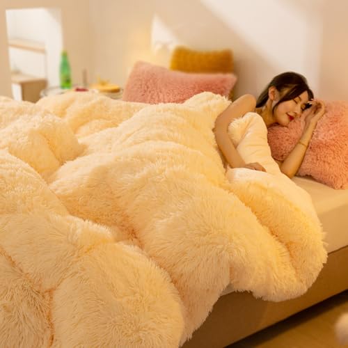 AETVRNI Luxury Plush Shaggy Thick Faux Fur Comforter,Big Heavy Winter Comforter Set, Ultra Soft Casual All Season Fluffy Bedding 1 Piece(1 Warm Faux Fur Comforter),Yellow,Queen