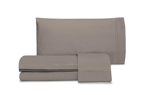 hermet Laura Biagiotti Double Bed Sheet Set, Plain Colour with Embroidery, 100% Cotton Percale, Top Sheet, Fitted Sheet, Pair of Pillowcases, Taupe